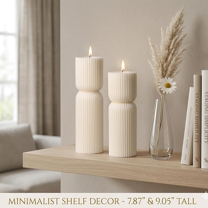 Aesthetic Sandalwood Scented Candles,Ribbed Pillar Candle Set of 2 (7.87" & 9.05" Tall), Natural Soy Wax Minimalist Geometric Decor, Modern Fluted Sculptural Candles for Home,Shelf, Mantel & Gift