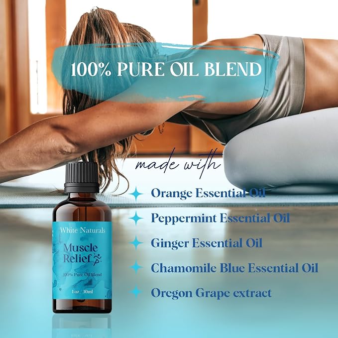 White Naturals Muscle Relief Essential Oil Blend – Natural Soothing Oil for Sore Muscles & Joint Discomfort, 100% Pure & Therapeutic Essential Oils for Relaxation, 1oz