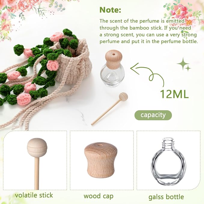 DaisyInner Cute Crochet Plant Car Freshener 12ml Empty Refillable Diffuser Bottle with Plants Hanging Accessories for Ornaments Charms Rearview Mirror Home Office Decor Women Gifts(Flower)