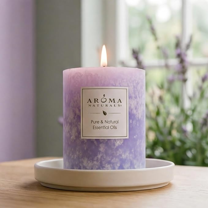 Aroma Naturals Lavender Essential Oil Blue Scented Pillar Candle, Tranquility, 3 inch x 3.5 inch