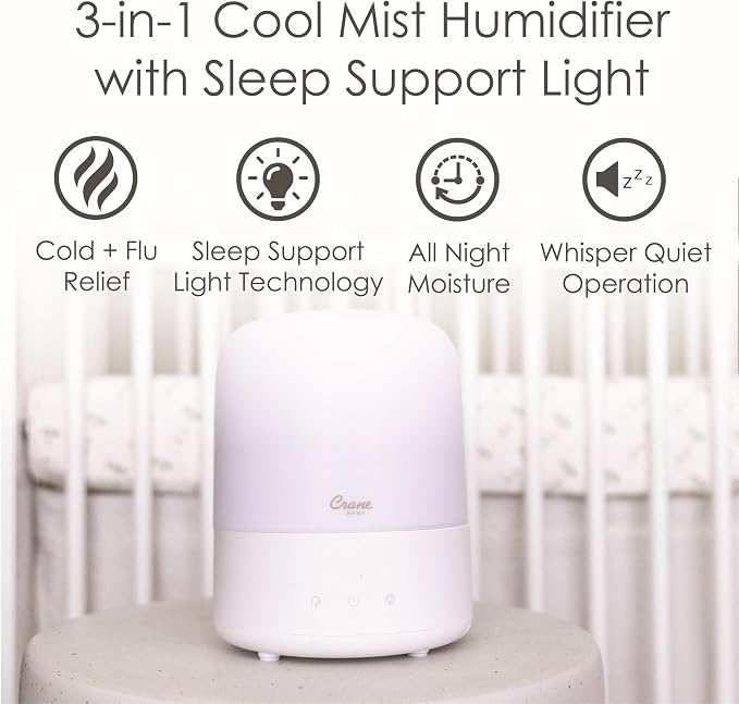 Crane Baby 3-In-1 Baby Humidifier Aroma Diffuser with Adjustable Nightlight, Auto-Shutoff, Humidifier for Baby Nursery, Baby Diffuser for Nursery