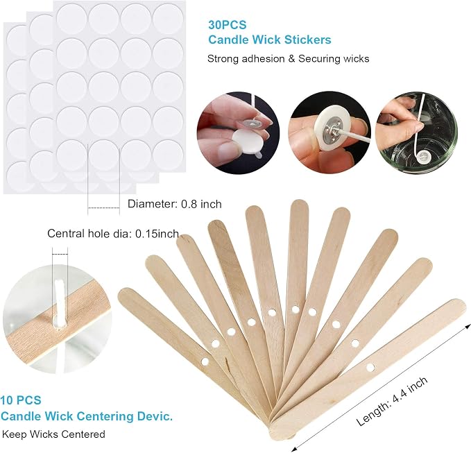 Candle Wicks, 100Pcs 6-Inch Cotton Wicks with 30 Stickers & 10 Centering Tools | Complete Candle Making Supplies Kit for Soy Beeswax, Candle in Jar, DIY Starter Kit