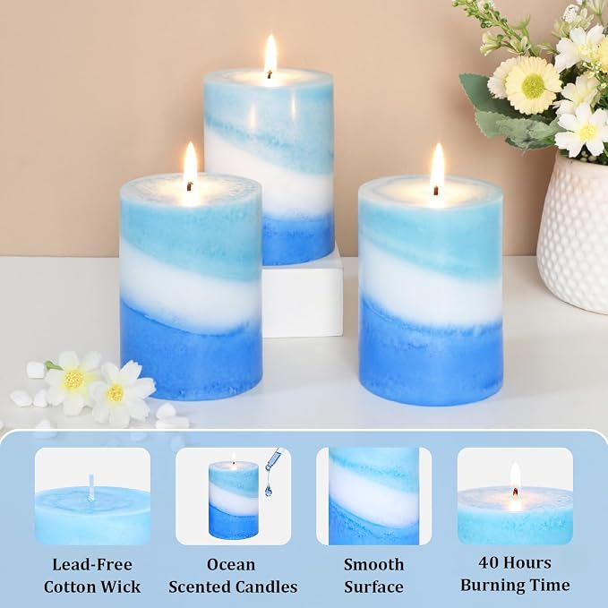 Crystal Club Ocean Scented Pillar Candles Set of 3, 3x4 Inch Blue Coastal Candles, Long Burning 40+ Hours, Smokeless & Dripless, Beach Home Decor for Living Room Bathroom Gift