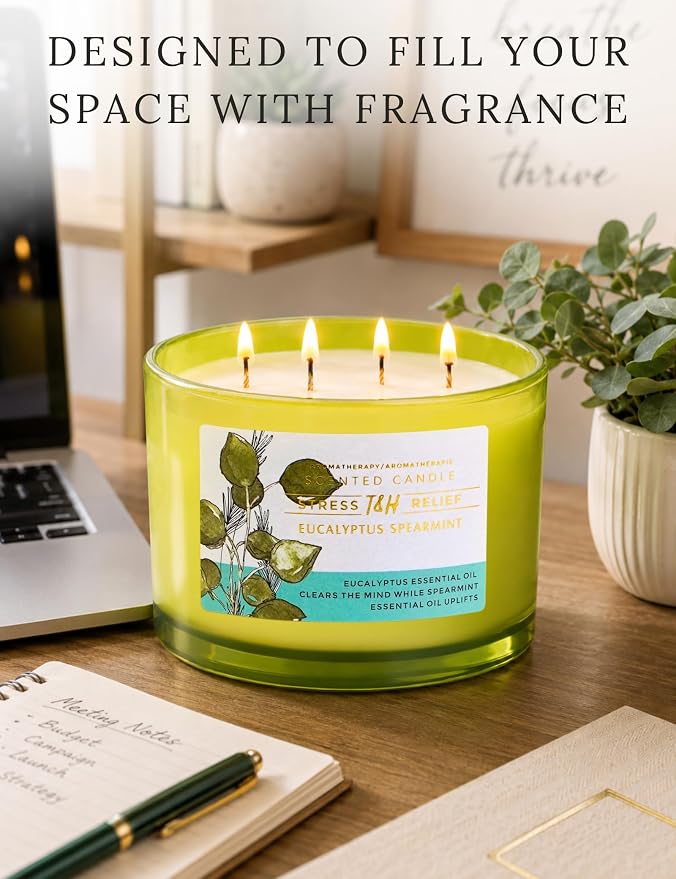 Eucalyptus Spearmint Candle | 4 Wick Extra Large Scented Soy Candle 20 oz | Highly Scented Aromatherapy Stress Relief Spa Candles | Fresh Eucalyptus Mint Home Scent | Long Lasting Clean Burn