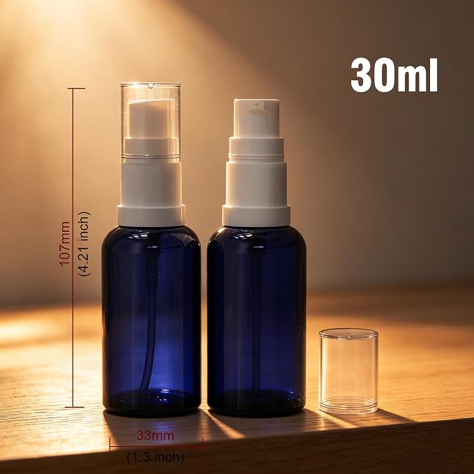 6 Pack Empty Travel Refillable Glass Pump Bottles Dispener 30ml/1oz, Blue Small Cosmetic Containers for Lotion,Cream,Essential Oil,Shampoo,Sercums (30ml Blue 6pcs)
