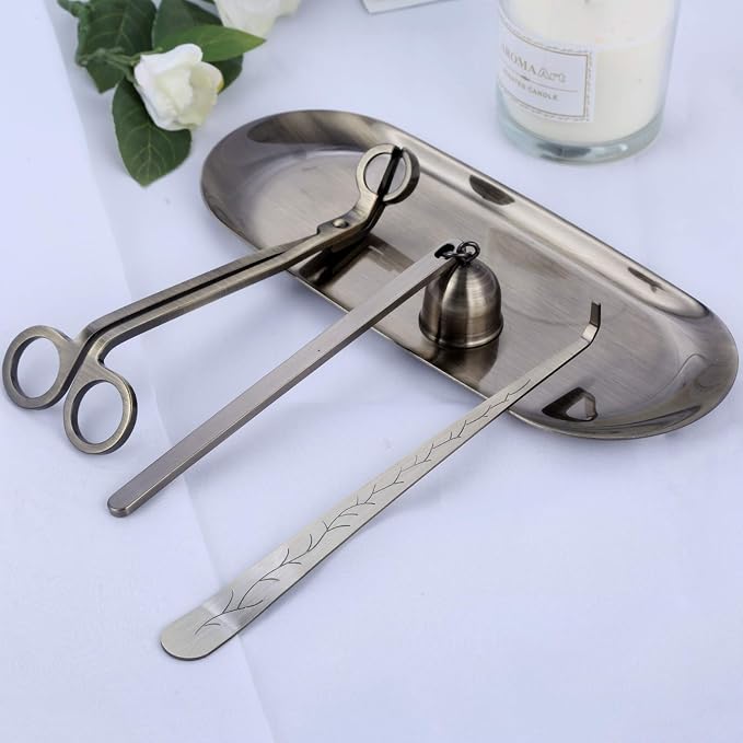 MUXSAM 4 in 1 Candle Accessory Set, Candle Wick Trimmer, Candle Snuffer, Wick Trimmer, Candle Wick Dipper, Storage Tray Plate, Candle Care Tools Gifts for Candle Lovers(Bronze)