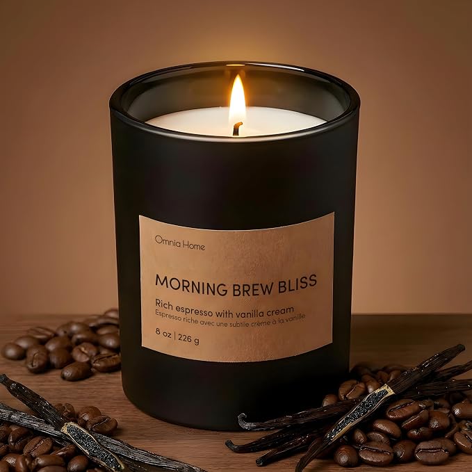 Scented Soy Wax Candle – Coffee Candles for Home Scented with Notes of Espresso, Vanilla Cream & Warm Amber – Cozy Home Decor & Gift (Morning Brew Bliss, Black, 8 oz)