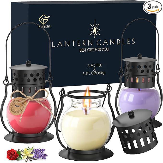 Scented Candles for Home, 3 Pack Fall Candle Set Natural Soy Wax, Retro Lantern Candles Autumn Gifts Set for Women Men, Aromatherapy Candle of Vanilla, Rose, Lavender
