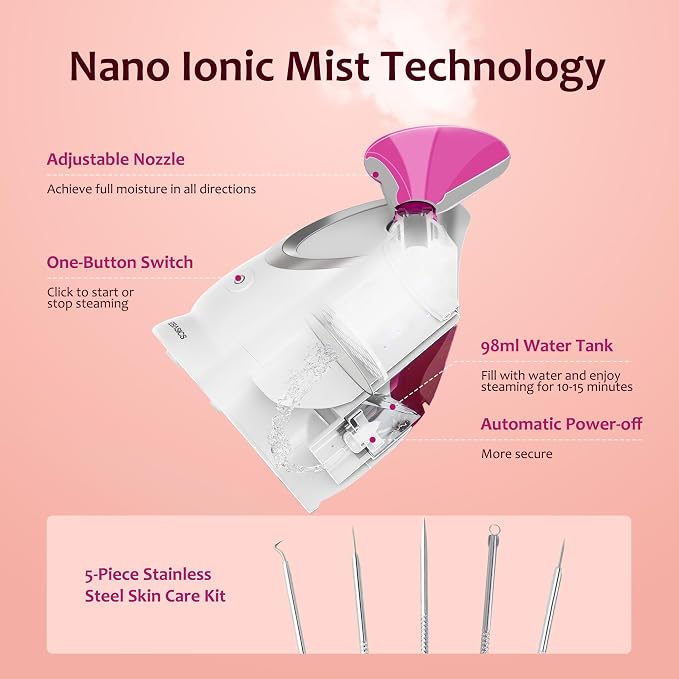EZBASICS Facial Steamer - Professional Nano Ionic Face Steamer for Facial Deep Cleaning, Warm Mist Humidifier for Home Spa, Unclogs Pores Sinus, Bonus 5 Piece Stainless Steel Skin Kit (Pink)