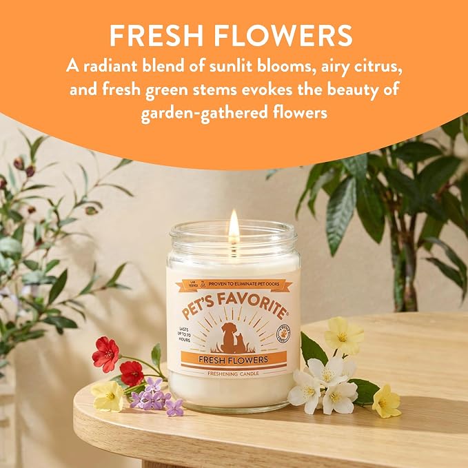 Pet's Favorite Pet Odor Candle, Clean Burning, Long Lasting Floral Scented Candle with a Natural Fiber Wick and 70 Hour Burn Time, Fresh Flowers - Pack of 2