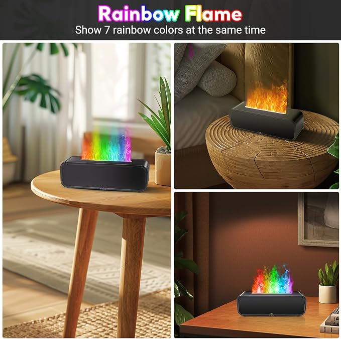 Essential Oil Diffuser, Flame Oil Diffuser - Aromatherapy Humidifier, Sound Activated Music Sync Infrared Remote Control - Perfect for Bedroom Home Office (250ml Rainbow Flame, Black)