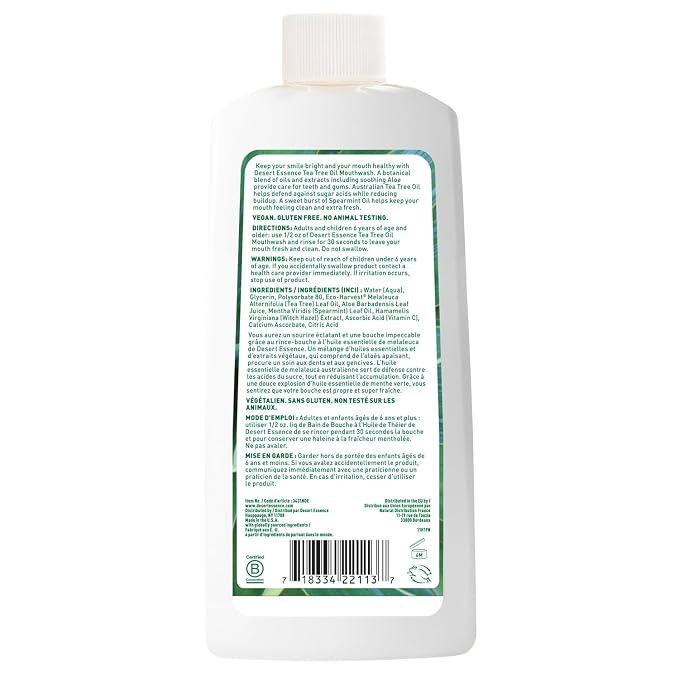 Desert Essence Tea Tree Oil Mouthwash, Spearmint, 16 fl oz - Alcohol Free, Sugar Free, Gluten Free, Vegan, Cruelty Free, Non-GMO - Aloe, Vitamin C & Spearmint Essential Oil - Healthy Teeth & Gums