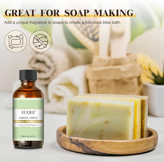 EUQEE Green Apple Fragrance Oils, 2.02 Fl oz / 60ml Essential Oils for Diffuser, Candle Making, DIY Soap with Glass Dropper