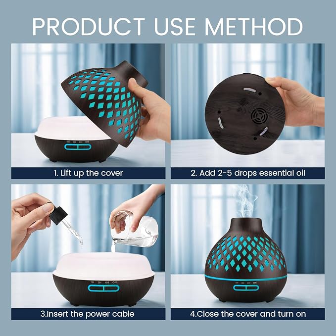 Aeshory Aromatherapy Diffuser & 12 Essential Oils Set, 550ML Aromatherapy Diffuser for Home, Ultrasonic Cool Mist Humidifier with Remote Control 4 Timer 7 Color LED Light, Waterless Auto Off, Dark