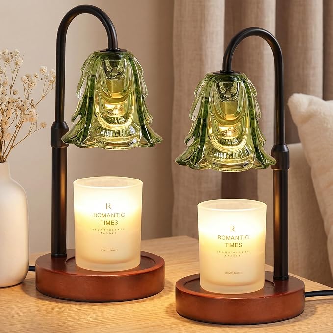 Funistree Small Candle Warmer Lamp with Timer, Adjustable Green Lamp Warmer for Jar Candles, Unique Women Gifts for Birthday, Dimmable Candle Heater, 2pcs Cute Wax Warming Light with Wood Base