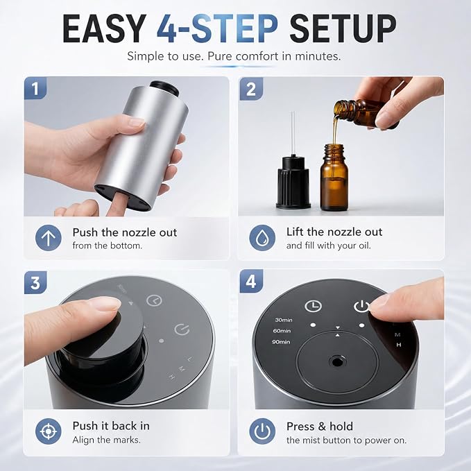Homease Waterless Essential Oil Diffuser, Portable Cordless Aromatherapy with 3 Timers & Mist Levels, Rechargeable for Home Car Office, Premium Metal Silver
