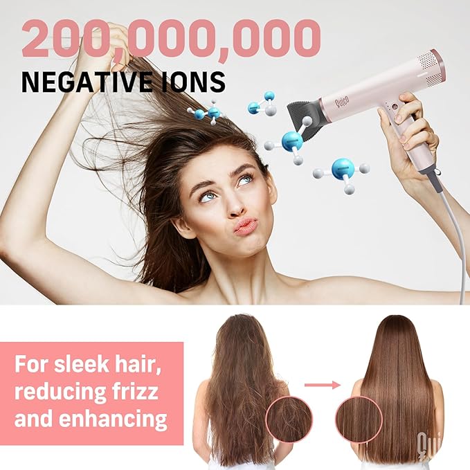 Quico Hair Dryers for Women, 7X Faster BLDC Motor, Quiet 1875W 110,000 RPM 2 Billion Negative Ionic Salon Blow Dryer with Diffuser, Adjustable Temp & Speed, Portable Hair Dryer for Home Travel, Pink