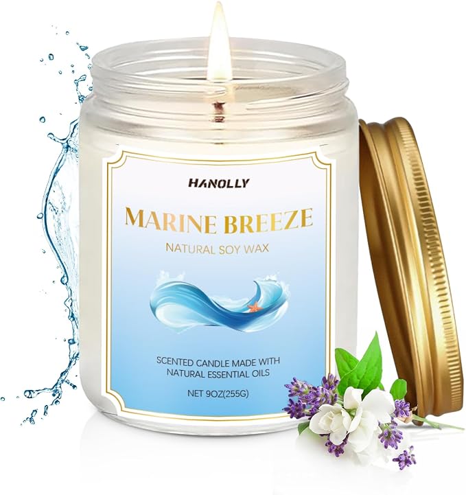 Marine Breeze Candle, 9 oz Scented Candles for Home Soy Candle Wax, Aromatherapy Candles for Women Men, Birthday Christmas Gifts, Perfect for Creating a Calming Ambiance