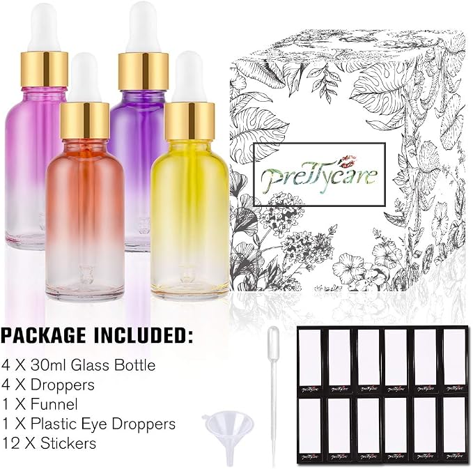 PrettyCare 4 Pack 1oz Dropper Bottle for Essential Oils, 30 ml Rainbow Glass Leak Proof Essential Oils Bottles with Labels, Funnel & Pipettes- Empty Tincture Bottles for Personal Care & Beauty