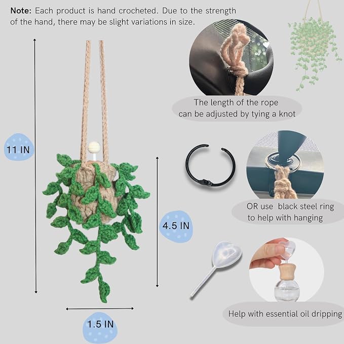 ROFIGL Handmade Crochet Hanging Car Air Freshener,12ml Empty Refillable Oil Diffuser Bottle with Crochet Hanging succulents Plant for Car Rearview Mirror for Home, and Office Hanging Diffuser Decor