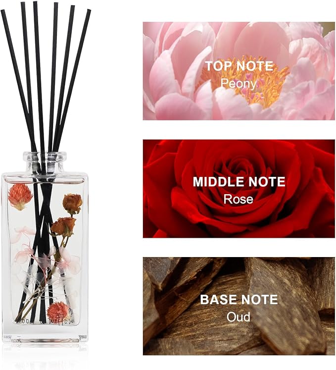 Wood & Willow Reed Diffuser Set with Dried Flowers, 5 fl. oz., Long-Lasting Home Fragrance - Wild Rose & Oud, Red Berry & Oak, Bergamot & Amber, Decorative Floral Design (Wild Rose & Oud)