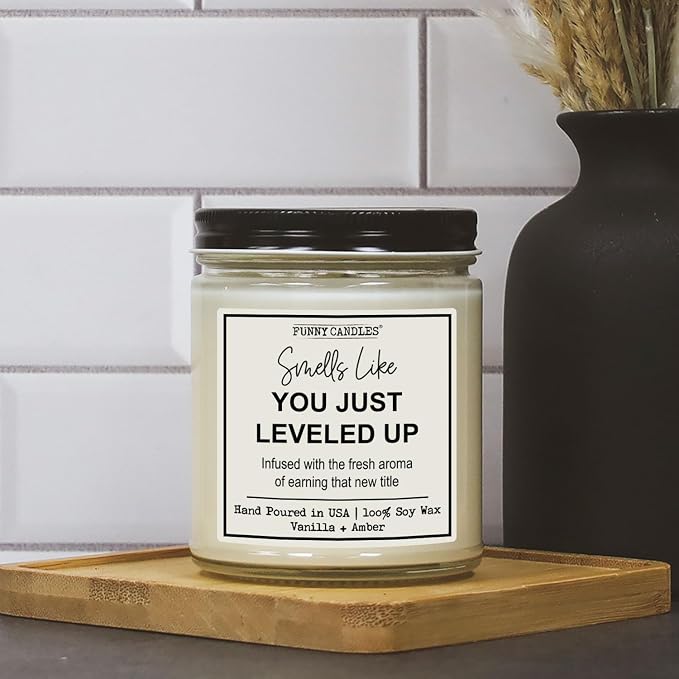 Promotion Gift – “Smells Like You Just Leveled Up” – 100% Soy Wax, Vanilla Scent – Career Milestone, New Job Gift for Coworkers, Bosses, Friends – Made in USA