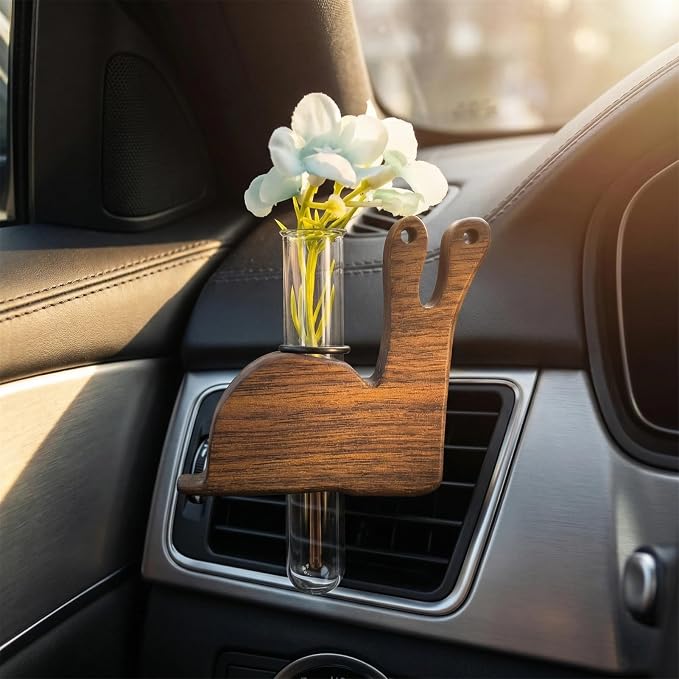 Little Glass Flower Vase Air Vent Clip, Wooden Stand Car Aroma Diffuser, Car Air Vent Decor Plant Holder, Auto Interior Decorations (Black Walnut Snail)