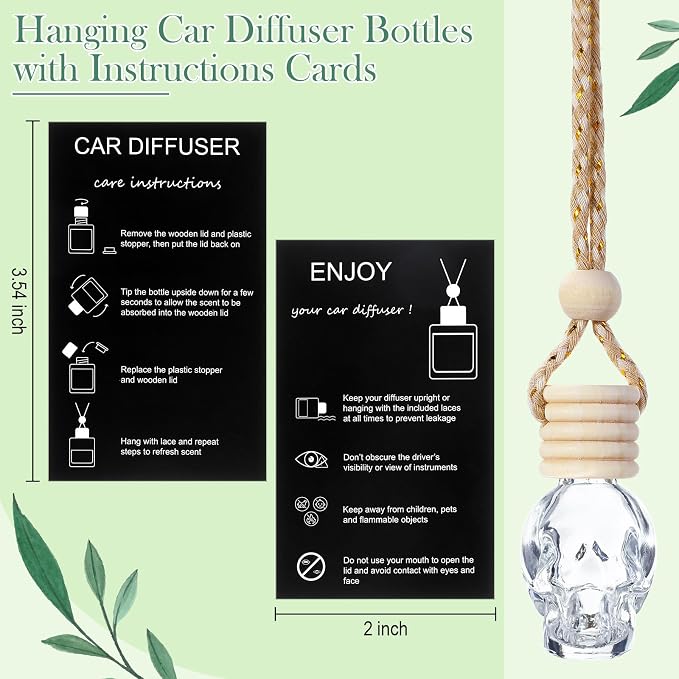 Boao 50 Sets Halloween Skull Hanging Car Air Freshener Diffuser Bottles with 2 x 3.54 Inch Car Diffuser Instructions Cards for Empty Essential Oil Bottles(Black Card,Skull)