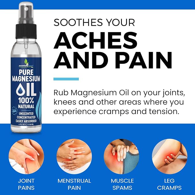 Pure Magnesium Oil Spray 4oz - Topical Magnesium Spray for Sleep & Feet - Extra Strength - USP Grade - 100% Natural and Organic Oil for Muscle Pain & Cramps - Less Sting - Less Itch - Made in USA