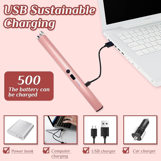 2 PCS Candle Lighter,Windproof Flameless Electric Lighter with LED Power Display ＆ Safety Switch, Upgraded Plasma USB Rechargeable Lighters for Birthday Camping BBQ (Pink)