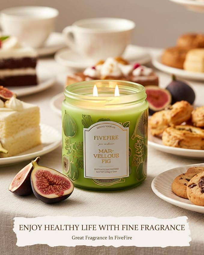 Fig Scented Candles for Office, 13oz Natural Soy Wax 2-Wick Jar, Up to 76-Hour Clean Burn, Green Earthy Creamy Fig Home Fragrance, Gift for Women Men