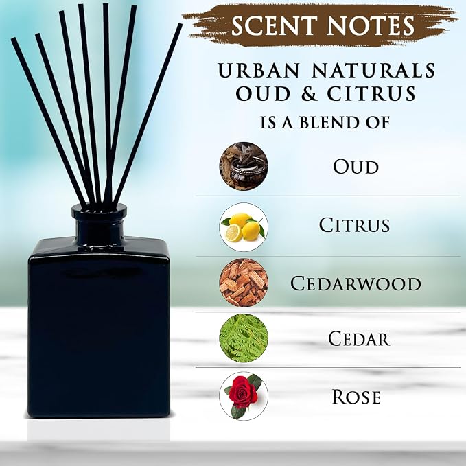 Urban Naturals Oud & Citrus Reed Diffuser Set – Made with Essential Oils – Citrus, Oud, Cedar, Amber & Wood Notes – 5 Ounce Sleek Black Rectangular Refillable Glass Bottle – Made in the USA