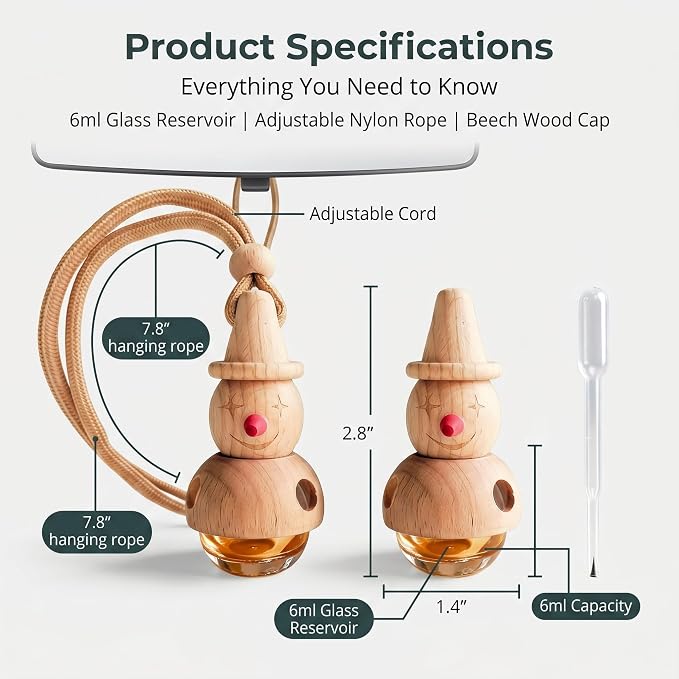 2 Pack Snowman Hanging Glass Car Diffuser Empty Oil Bottles | Wood lids & matching droppers, refillable bottles for car closet bathroom indoor aroma decor gifts