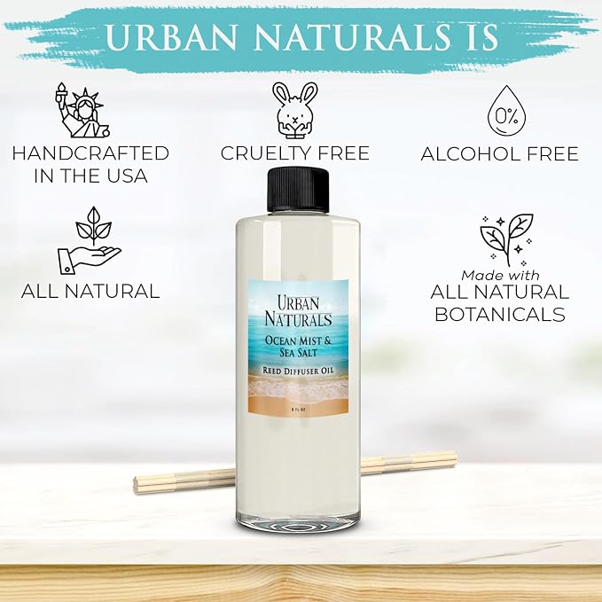Urban Naturals Reed Diffuser Oil Refill Ocean Mist Sea Salt with Salt Spray, Violet Leaf, Sea Grass, Driftwood 8 oz + Free Reed Sticks, Made in the USA