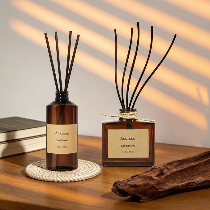 Reed Diffuser, Sandalwood Essential Oil Refill with Diffuser Sticks, 6.8 Fl Oz (200ml) Woody Scented Diffusers, Long-Lasting Fragrance for Home Decor
