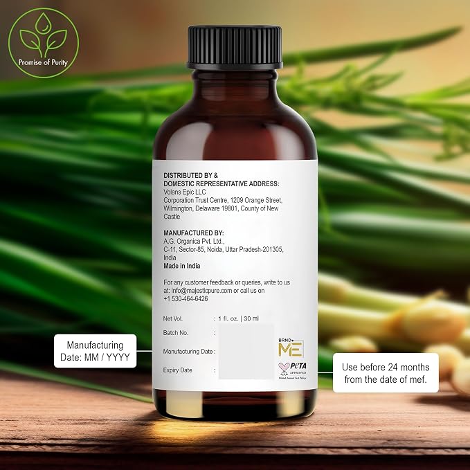 Majestic Pure Essential Oil with Glass Dropper - 100% Pure and Natural - Essential Oils for Diffuser, Aromatherapy, Soap and Candle Making, Lemongrass Essential Oil, Lemongrass Oil, 1 Fl Oz