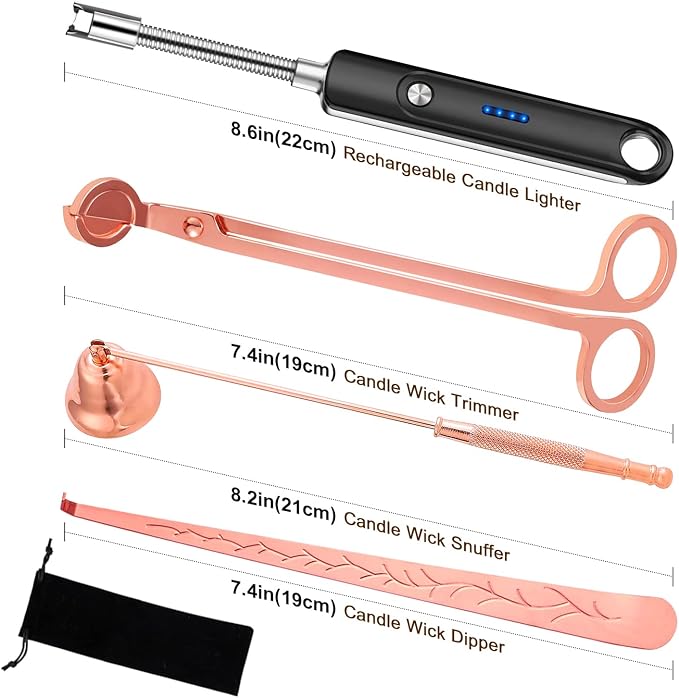4 in 1 Candle Accessory Set - Wick Cutter, Snuffer, Dipper & Electric Lighter - Gifts for Candle Lovers (Champagne)
