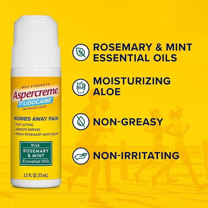 Aspercreme Essential Oils Lidocaine Pain Relief with No-Mess Roll-On Applicator, Max-Strength Lidocaine Numbs Away Nerve Pain, Moisturizing Aloe Hydrates Skin, Rosemary & Mint, 2.5 Oz.