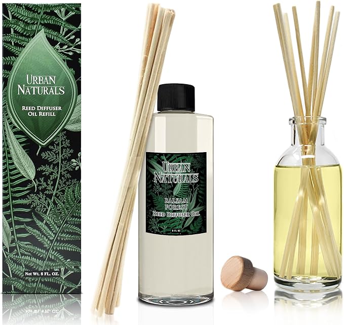 Urban Naturals Reed Diffuser Oil Refill Balsam Forest with Balsam Fir, Pine Needles, Evergreen, Cedar, Sandalwood 8 oz + Free Reed Sticks, Made in the USA
