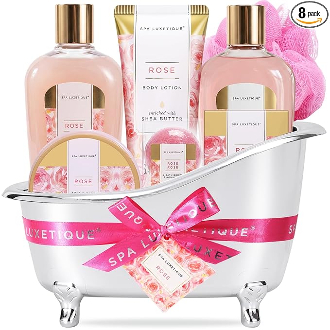 spa luxetique Gift Set For Women, Bath Sets for Women Gift, 8 Pcs Rose Spa Basket Includes Bubble Bath, Shower Gel, Body Lotion, Mom Birthday Gifts, Mother‘s Day Gifts for Her