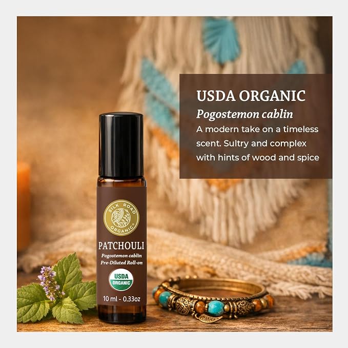Silk Road Organic Patchouli Essential Oil Roll On, USDA Certified - Uplift Mood, Enhance Attraction, Ease Stress & Relax - 10 ml Aromatherapy Roller