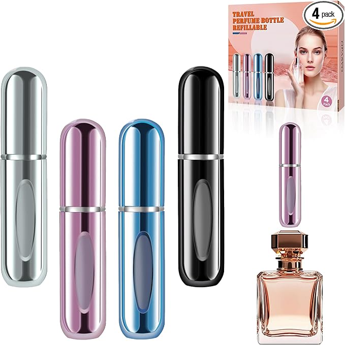 opasyo Refillable Perfume Portable Atomizer Bottle Refillable Perfume Spray, Leak-Proof Perfume Spray Bottle, Travel Perfume for Traveling and Outgoing (5ml, 4 Pack Silver/Pink/Blue/Black)