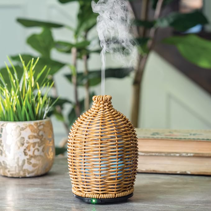 Airome Wicker Medium Essential Oil Diffuser|100 mL Humidifying Ultrasonic Aromatherapy Diffuser 8 Colorful LED Lights, Intermittent & Continual Mist, Auto Shut-Off