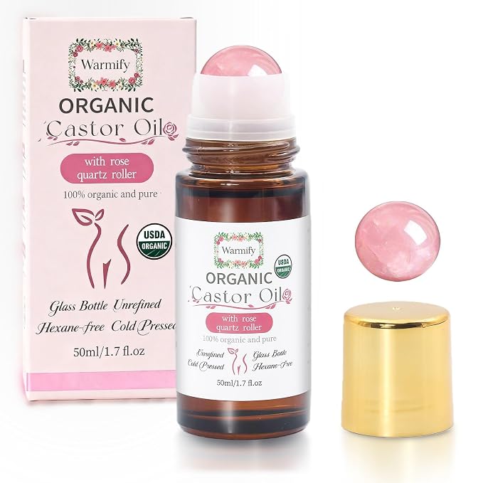 Organic Castor Oil with Rose Quartz Roll On for Body 50ml Large Bottle, Crystal Roller for Skin Moisturizing, Stretch Marks & Dry Areas, Cold-Pressed, Hexane-Free, Relaxing Self-Care Gifts for Women