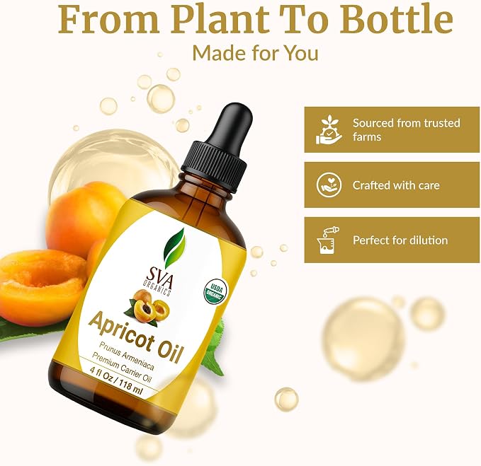 SVA Apricot Seed Oil Organic - 4 Fl Oz – 100% Natural Cold Pressed Organic Apricot Oil - for Face, Skin Care, Hair Care, Scalp Massage & Body Massage – Carrier Oil with Dropper