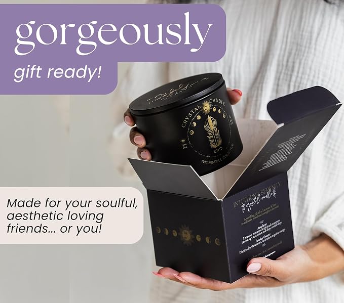 Black Crystal Candle for Women - 8oz Wood Wick Candle that Crackles with Natural Soy Wax. Luxurious Slow Burn, for Meditation. Includes Amethyst & Smokey Quartz Crystals