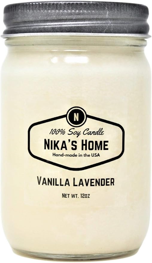 Nika's Home Vanilla Lavender Soy Candle - 12oz Mason Jar - Non-Toxic - Hand Poured in The USA, Long Burning 50-60 Hours Highly Scented All Natural, Clean Burning