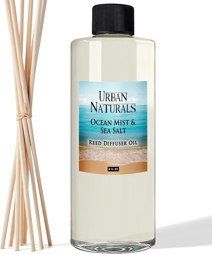 Urban Naturals Reed Diffuser Oil Refill Ocean Mist Sea Salt with Salt Spray, Violet Leaf, Sea Grass, Driftwood 8 oz + Free Reed Sticks, Made in the USA