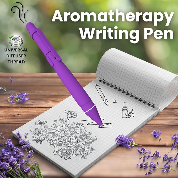 Aromatherapy Writing Pen Battery with Real Ink Tip and Hidden Diffuser Port, Soft Touch Ballpoint for Note Taking, Signature, and On-The-Go Relaxation, Rechargeable Wellness Gift for Office (Purple)