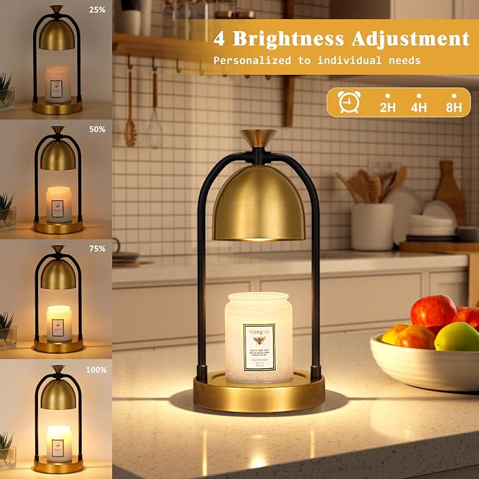 Hong-in Gold Candle Warmer Lamp with Timer-Modern Room Decor Aesthetic Vintage, Gifts for Women,Dimmable Wax Melt Warmer for Scented Wax with 2 Bulbs